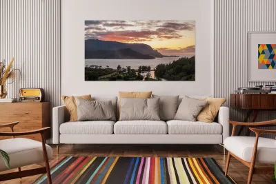 Dramatic aerial view of sunset over Hanalei Bay landscape Reproduction