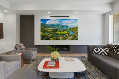 Aerial view of Hanalei Bays verdant landscape blue sky Reproduction