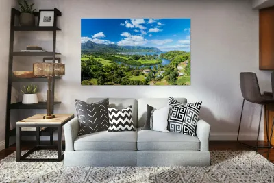 Panoramic aerial view of Hanalei Bay verdant landscape  Reproduction