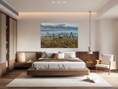 A driftwood greeting spells out a warm welcome with Aloha Kauai Reproduction