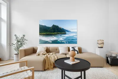 View along Haena beach towards Kee Beach and Na Pali coastline Reproduction