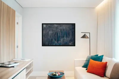 Ethereal Blue Amidst Monochrome Forest Reproduction