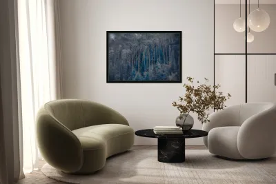 Ethereal Blue Amidst Monochrome Forest Reproduction