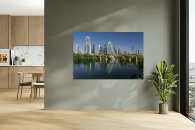 View along Colorado river of Austin Texas skyline Reproduction