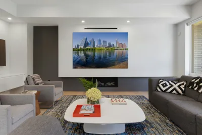 Fisheye lens view of Austin skyline including Lady Bird Lake Reproduction