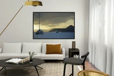 Passenger ferry and anchored catamaran at Sopers Hole Reproduction