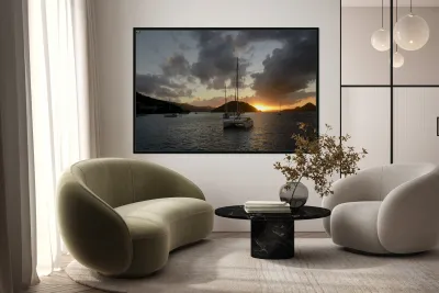 Caribbean sunset with catamarans and sailboats  Reproduction