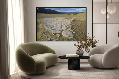 Dried mud exposed on the rippled sand - Mesquite Flat Sand Dunes Reproduction