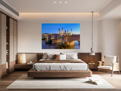 Zaragoza. Saragossa. Aragon. Spain. Cathedral Basilica of Our Lady of the Pillar and river Ebro at sunset Reproduction