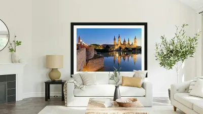 Zaragoza. Saragossa. Aragon. Spain. Cathedral Basilica of Our Lady of the Pillar and river Ebro at sunset Reproduction