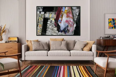 Scarves and postcards for sale on the banks of the Seine River - Paris Reproduction