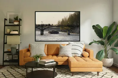 Tourist boat passing under Pont des Arts. Paris Reproduction