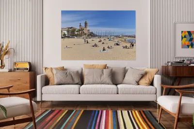 Sitges Catalunya Spain. Panorama view from the beach Reproduction