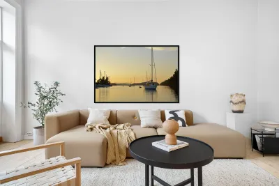 Sea kayaker and anchored boats in Princess Bay Reproduction