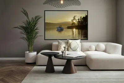 Small motor boat leaving Conover Cove Reproduction