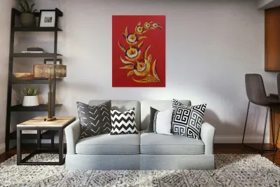 Tetyana Nechyporenko ArtKvitka  -  Crimson Sky  - Petrykivka Style  - Acrylic - 12 x 16  Reproduction