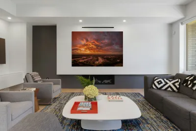 Dramatic sunset seen from drone over Georgetown Texas residentia Reproduction