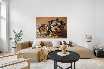 Apologetic Brown Yorkshire Terrier Puppy With Messy Bowl Reproduction