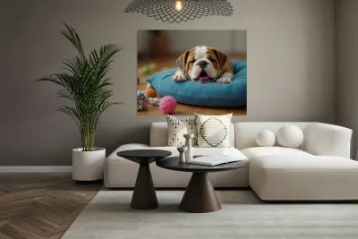 Sleepy Bulldog Puppy Yawns On Blue Cushion Reproduction