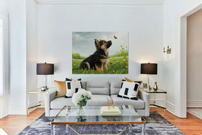 German Shepherd Puppy Discovers Butterfly In Meadow Reproduction