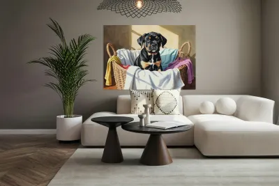 Puppy Cane Corso Discovers Cozy Laundry Basket Reproduction