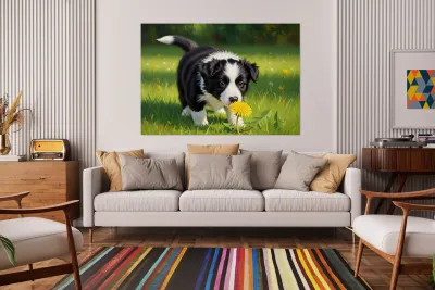 Border Collie Puppy Discovers Yellow Dandelion Reproduction