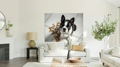 Guilty Boston Terrier Puppy After Making Mess Reproduction