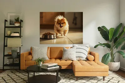 Excited Pomeranian Puppy Celebrates Full Food Bowl Reproduction