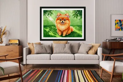 Pomeranian Puppy Discovers A Beautiful Flower Crown Reproduction