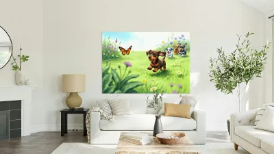 Dachshund Puppy Spots Beautiful Butterfly In Garden Reproduction