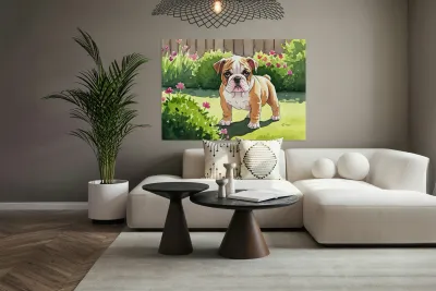 Bulldog Puppy Explores The Garden Alone Reproduction