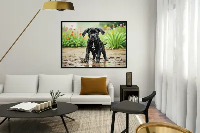 Cane Corso Puppy Playing In Muddy Garden Reproduction