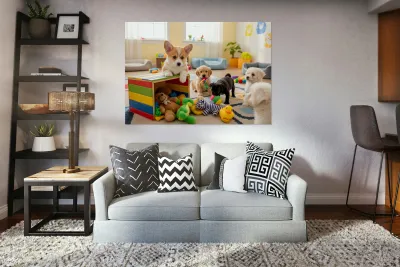 Corgi Puppy Discovers The Special Toy Box Reproduction