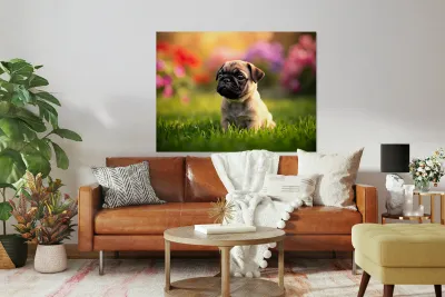 Pug Puppy Discovers Fun Game In Garden Reproduction