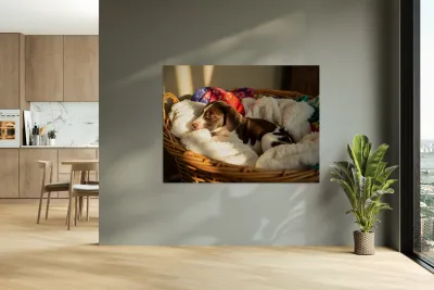 German Shorthaired Pointer Puppy Discovers Cozy Basket Reproduction