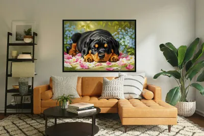 Sleepy Rottweiler Puppy Rests In Flower Bed Reproduction