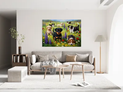 Rottweiler Puppy Discovers Wildflower Field Reproduction