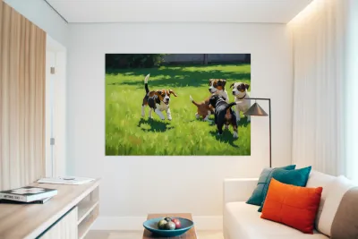 Beagle Puppy Runs To Join Sibling Playtime Fun Reproduction