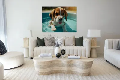 Tired Beagle Puppy Rests In The Kiddie Pool Reproduction