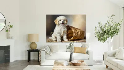 Triumphant Poodle Puppy Completes Paper Bag Adventure Reproduction