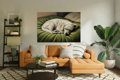 Poodle Puppy Dreams On Green Padded Bed Reproduction