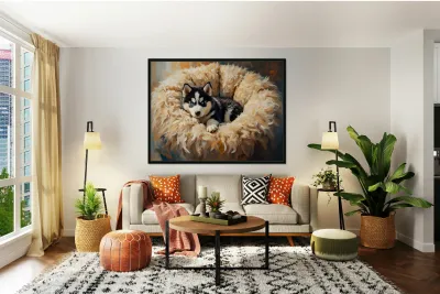 Little Husky Puppy Discovers Giant Cozy Dog Bed Reproduction