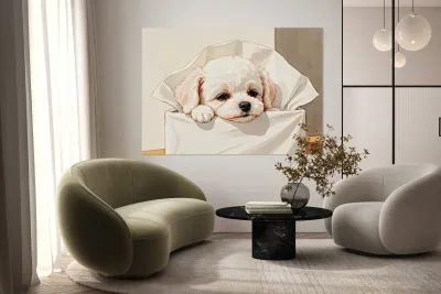 Brave Bichon Frise Puppy Escapes From Tissue Box Reproduction