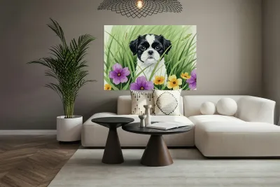 Shih Tzu Puppy Hiding In Tall Grass Reproduction