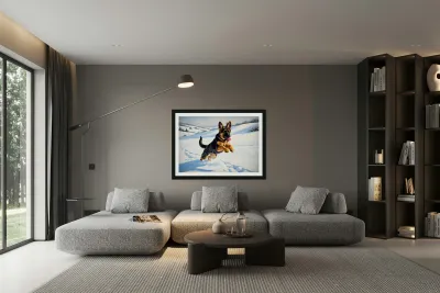 Happy German Shepherd Puppy Rests In Snow Reproduction