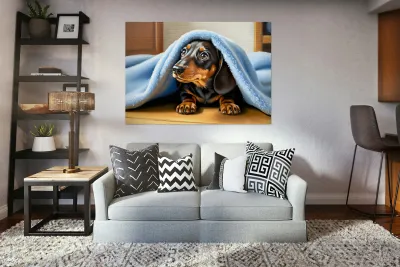 Dachshund Puppy Finds Perfect Hiding Spot Under Blanket Reproduction