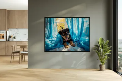 Brave Rottweiler Puppy Sits Confidently By Green Curtains Reproduction