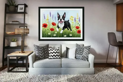Boston Terrier Puppy Discovers Wildflower Meadow Reproduction