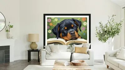 Sleepy Rottweiler Puppy Dreams Over Open Book Reproduction