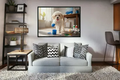 Poodle Puppy Discovers Colorful Paint Containers Reproduction
